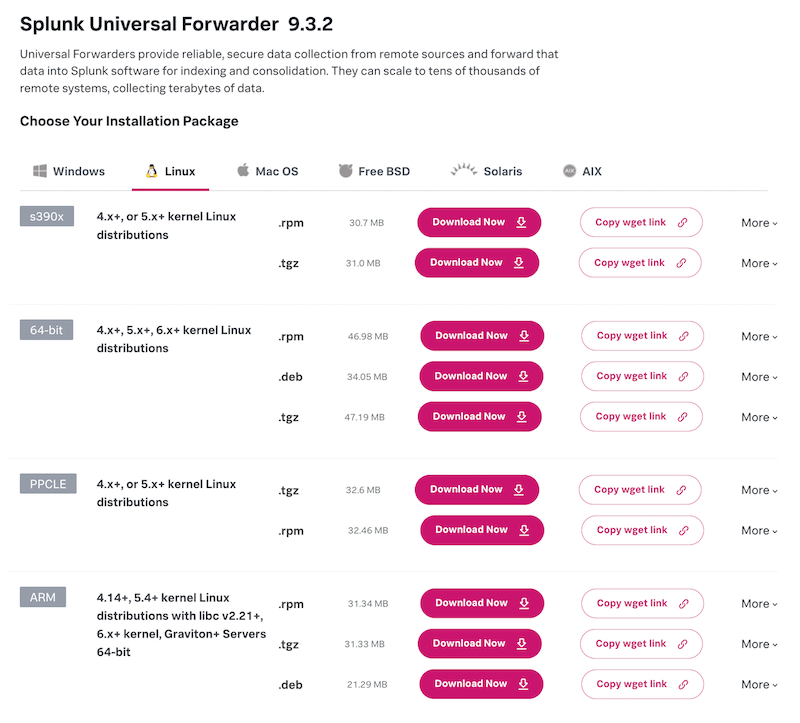 Universal Forwarder Download page